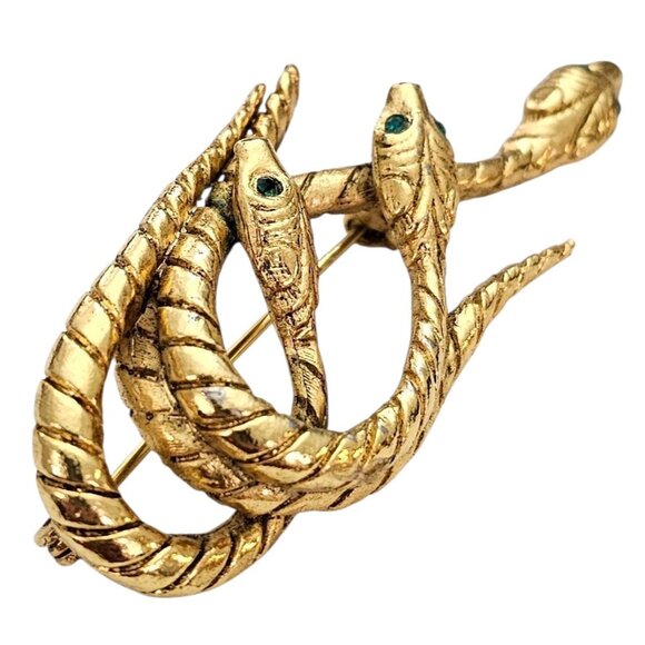 Gold Tone Snake Trio Brooch Vintage Green Rhinestone Pin - Picture 2 of 8